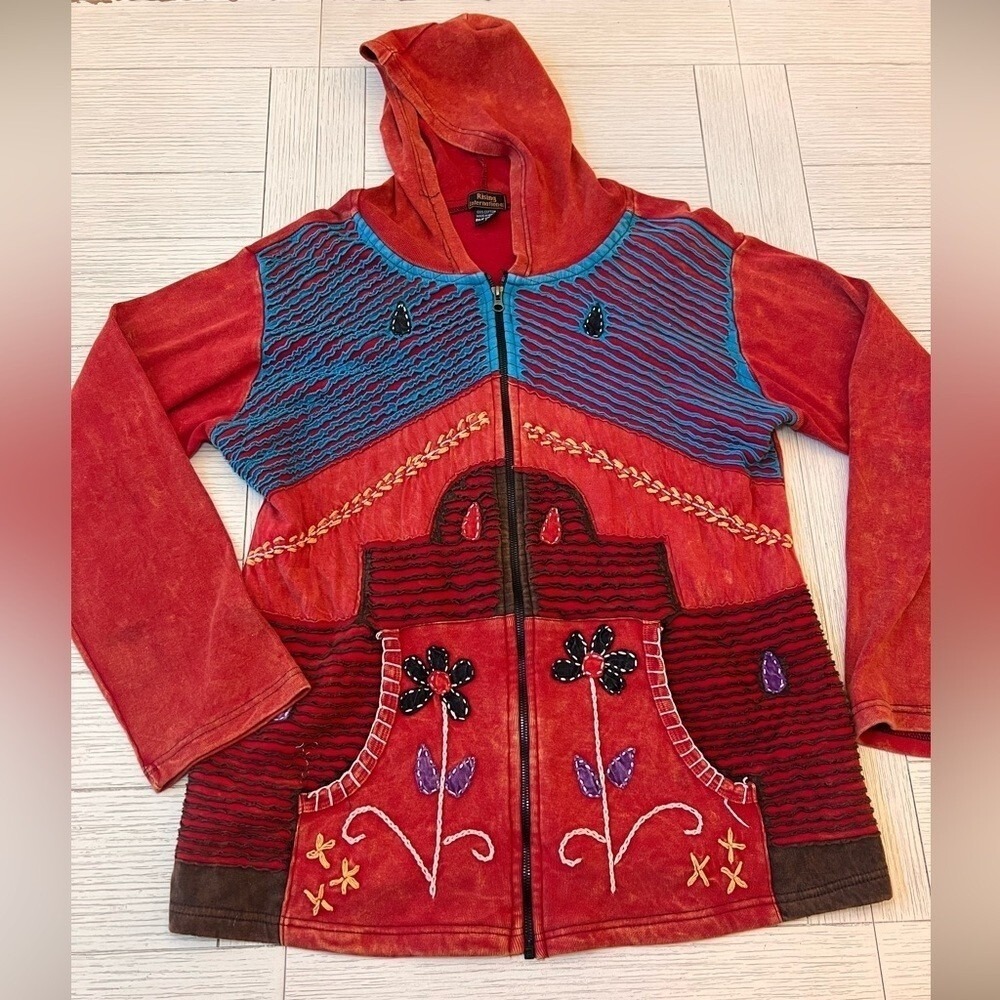 Rising International full zip‎ hooded jacket artsy whimsy boho unique women's L - Picture 2 of 8